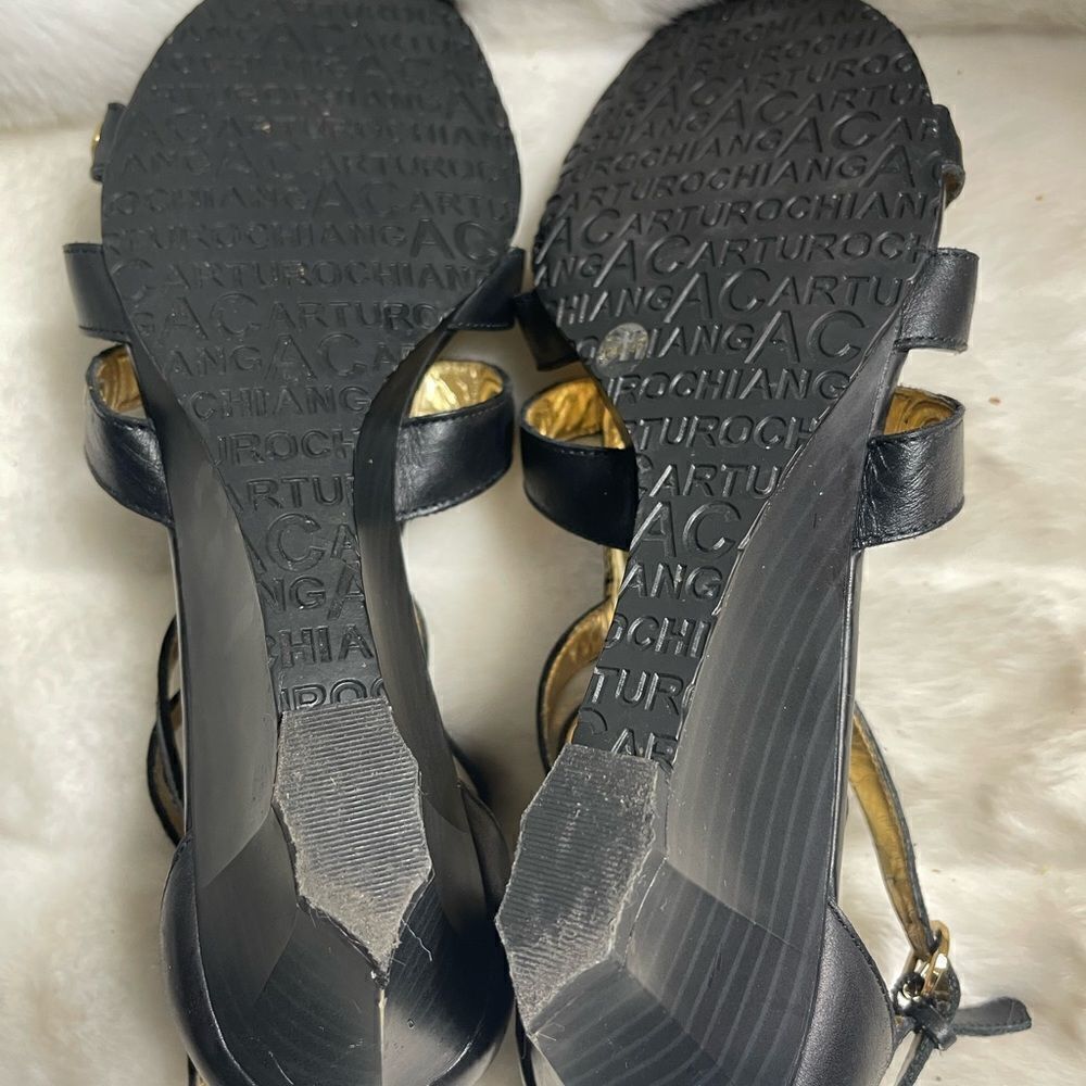 Arturo Chiang Leather black ankle straps wedge sandals SZ10M - Picture 11 of 12